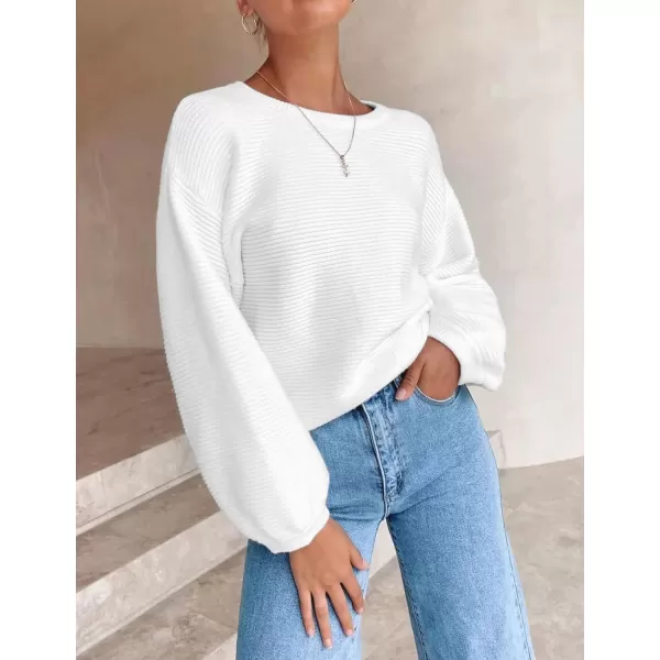 imageZESICA Womens 2023 Crew Neck Long Lantern Sleeve Casual Loose Ribbed Knit Solid Soft Pullover Sweater TopsWhite