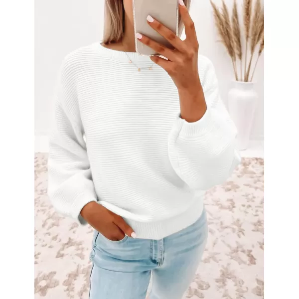 imageZESICA Womens 2023 Crew Neck Long Lantern Sleeve Casual Loose Ribbed Knit Solid Soft Pullover Sweater TopsWhite