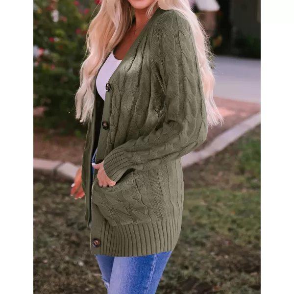imageZESICA Womens 2023 Fall Casual Long Sleeve Button Down Open Front Cable Knit Cardigan Sweater CoatArmygreen