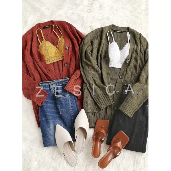 imageZESICA Womens 2023 Fall Casual Long Sleeve Button Down Open Front Cable Knit Cardigan Sweater CoatArmygreen