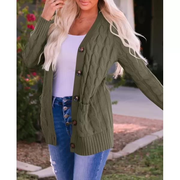 imageZESICA Womens 2023 Fall Casual Long Sleeve Button Down Open Front Cable Knit Cardigan Sweater CoatArmygreen