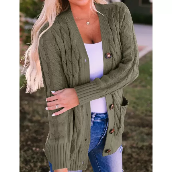 imageZESICA Womens 2023 Fall Casual Long Sleeve Button Down Open Front Cable Knit Cardigan Sweater CoatArmygreen