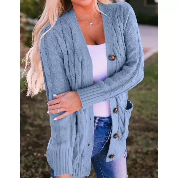 imageZESICA Womens 2023 Fall Casual Long Sleeve Button Down Open Front Cable Knit Cardigan Sweater CoatBlue