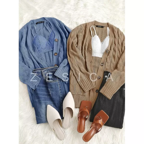 imageZESICA Womens 2023 Fall Casual Long Sleeve Button Down Open Front Cable Knit Cardigan Sweater CoatBlue