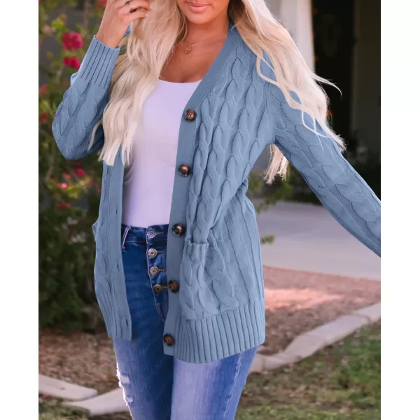 imageZESICA Womens 2023 Fall Casual Long Sleeve Button Down Open Front Cable Knit Cardigan Sweater CoatBlue