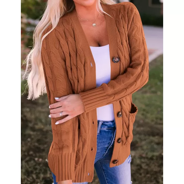 imageZESICA Womens 2023 Fall Casual Long Sleeve Button Down Open Front Cable Knit Cardigan Sweater CoatBrown