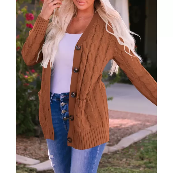imageZESICA Womens 2023 Fall Casual Long Sleeve Button Down Open Front Cable Knit Cardigan Sweater CoatBrown