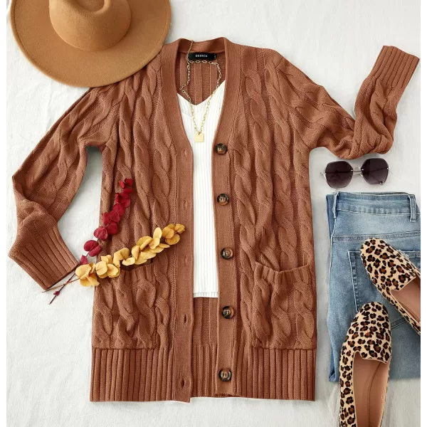 imageZESICA Womens 2023 Fall Casual Long Sleeve Button Down Open Front Cable Knit Cardigan Sweater CoatBrown