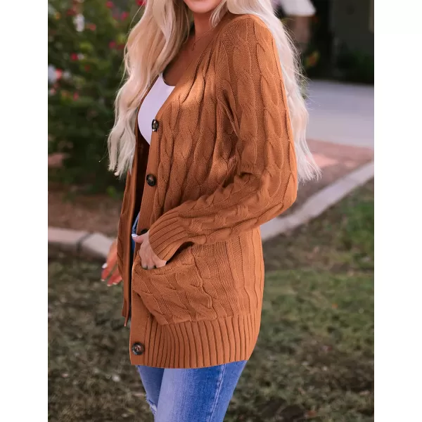 imageZESICA Womens 2023 Fall Casual Long Sleeve Button Down Open Front Cable Knit Cardigan Sweater CoatBrown