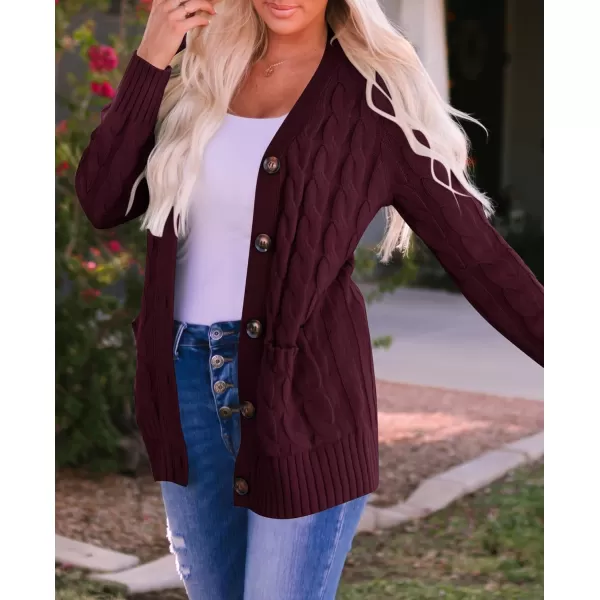imageZESICA Womens 2023 Fall Casual Long Sleeve Button Down Open Front Cable Knit Cardigan Sweater CoatBurgundy