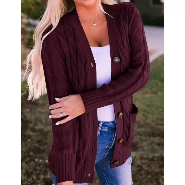 imageZESICA Womens 2023 Fall Casual Long Sleeve Button Down Open Front Cable Knit Cardigan Sweater CoatBurgundy