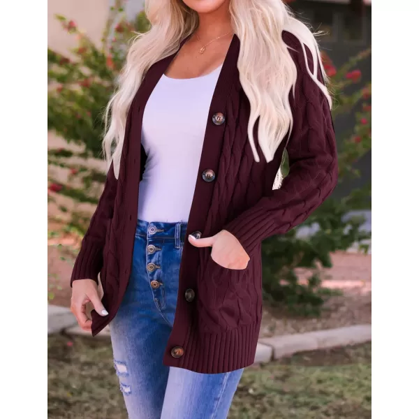imageZESICA Womens 2023 Fall Casual Long Sleeve Button Down Open Front Cable Knit Cardigan Sweater CoatBurgundy
