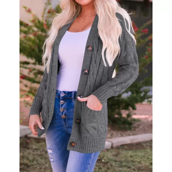 imageZESICA Womens 2023 Fall Casual Long Sleeve Button Down Open Front Cable Knit Cardigan Sweater CoatCharcoal