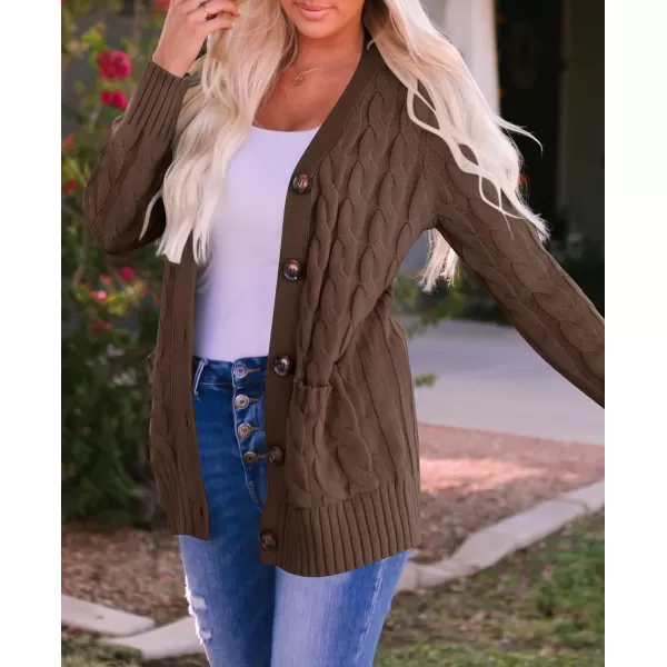imageZESICA Womens 2023 Fall Casual Long Sleeve Button Down Open Front Cable Knit Cardigan Sweater CoatCoffee