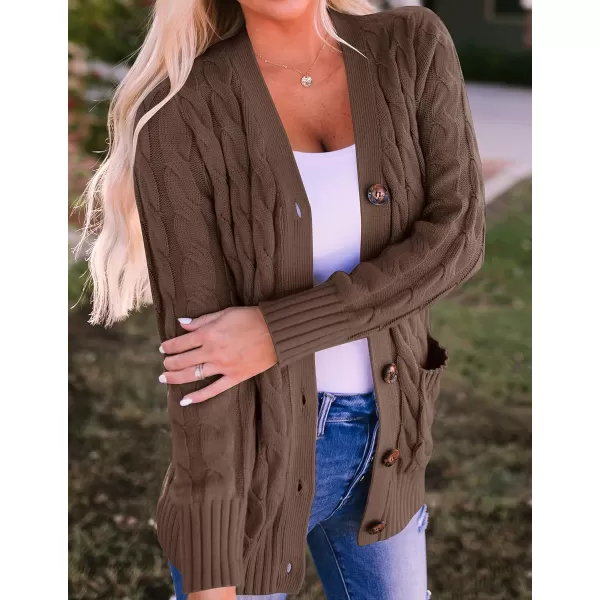 imageZESICA Womens 2023 Fall Casual Long Sleeve Button Down Open Front Cable Knit Cardigan Sweater CoatCoffee