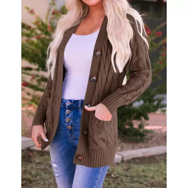 imageZESICA Womens 2023 Fall Casual Long Sleeve Button Down Open Front Cable Knit Cardigan Sweater CoatCoffee