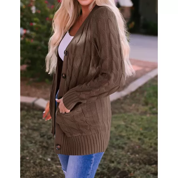 imageZESICA Womens 2023 Fall Casual Long Sleeve Button Down Open Front Cable Knit Cardigan Sweater CoatCoffee