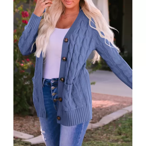 imageZESICA Womens 2023 Fall Casual Long Sleeve Button Down Open Front Cable Knit Cardigan Sweater CoatDustyblue