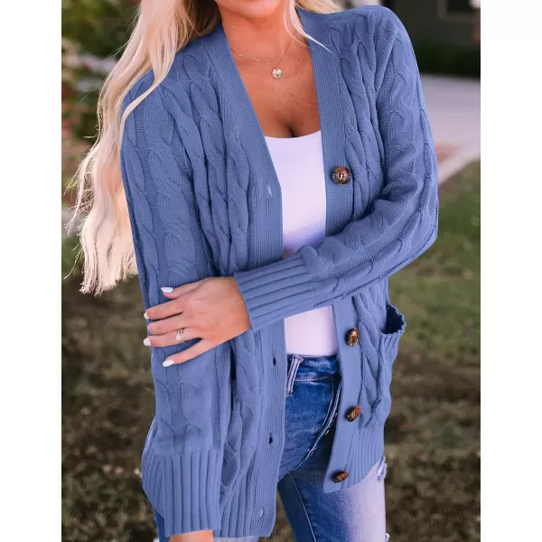 imageZESICA Womens 2023 Fall Casual Long Sleeve Button Down Open Front Cable Knit Cardigan Sweater CoatDustyblue