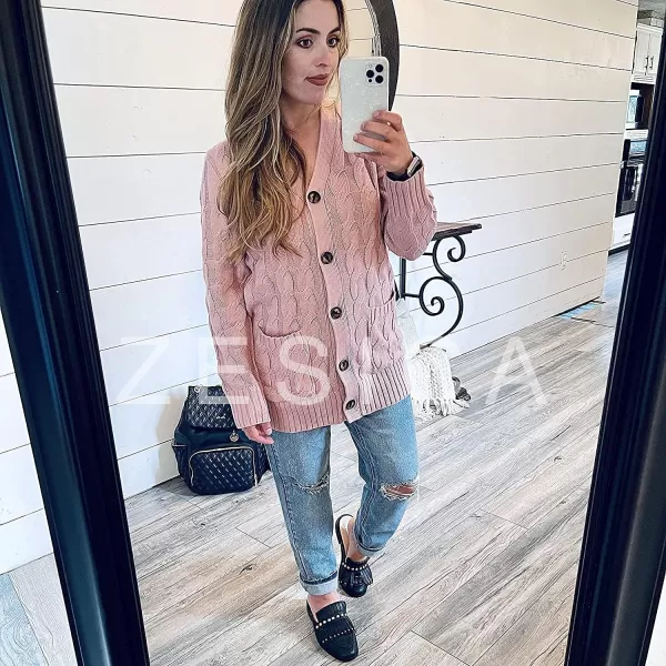 imageZESICA Womens 2023 Fall Casual Long Sleeve Button Down Open Front Cable Knit Cardigan Sweater CoatDustypink