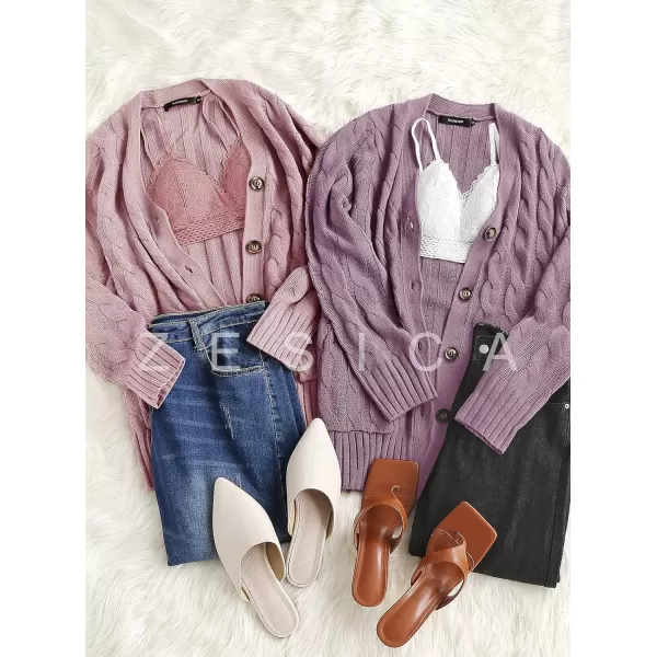 imageZESICA Womens 2023 Fall Casual Long Sleeve Button Down Open Front Cable Knit Cardigan Sweater CoatDustypink