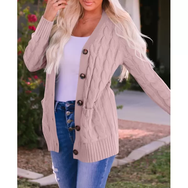 imageZESICA Womens 2023 Fall Casual Long Sleeve Button Down Open Front Cable Knit Cardigan Sweater CoatDustypink