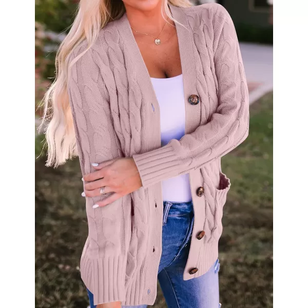 imageZESICA Womens 2023 Fall Casual Long Sleeve Button Down Open Front Cable Knit Cardigan Sweater CoatDustypink