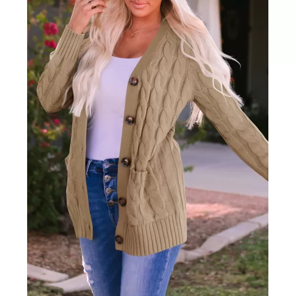 imageZESICA Womens 2023 Fall Casual Long Sleeve Button Down Open Front Cable Knit Cardigan Sweater CoatKhaki
