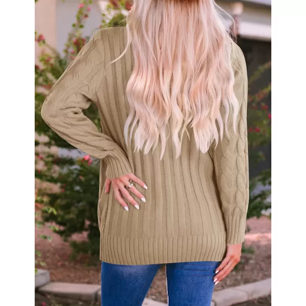 imageZESICA Womens 2023 Fall Casual Long Sleeve Button Down Open Front Cable Knit Cardigan Sweater CoatKhaki