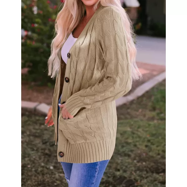 imageZESICA Womens 2023 Fall Casual Long Sleeve Button Down Open Front Cable Knit Cardigan Sweater CoatKhaki