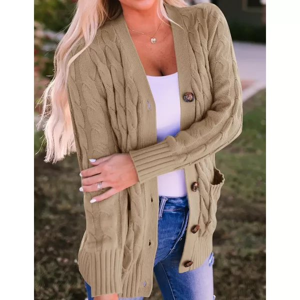 imageZESICA Womens 2023 Fall Casual Long Sleeve Button Down Open Front Cable Knit Cardigan Sweater CoatKhaki