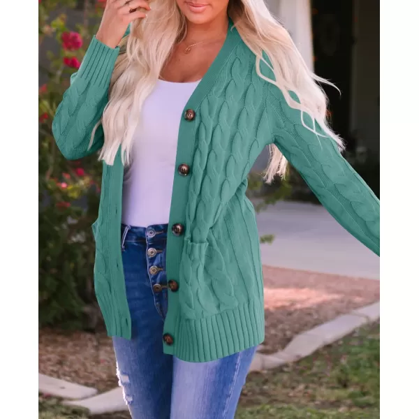 imageZESICA Womens 2023 Fall Casual Long Sleeve Button Down Open Front Cable Knit Cardigan Sweater CoatLakegreen