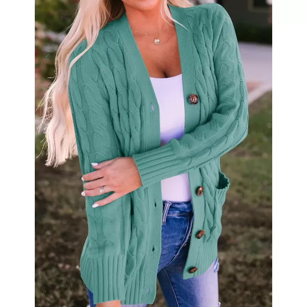 imageZESICA Womens 2023 Fall Casual Long Sleeve Button Down Open Front Cable Knit Cardigan Sweater CoatLakegreen