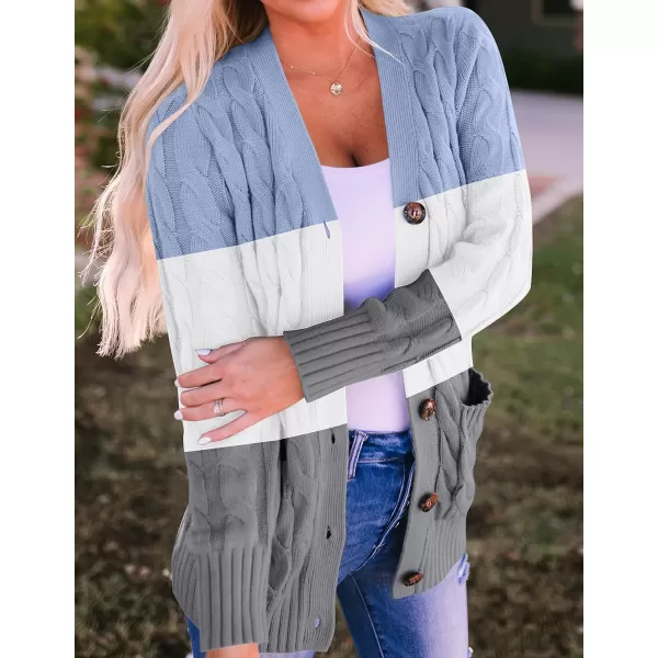 imageZESICA Womens 2023 Fall Casual Long Sleeve Button Down Open Front Cable Knit Cardigan Sweater CoatLightblue