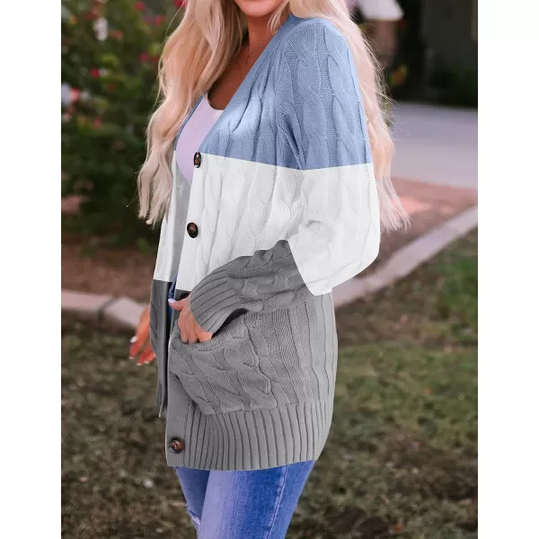 imageZESICA Womens 2023 Fall Casual Long Sleeve Button Down Open Front Cable Knit Cardigan Sweater CoatLightblue