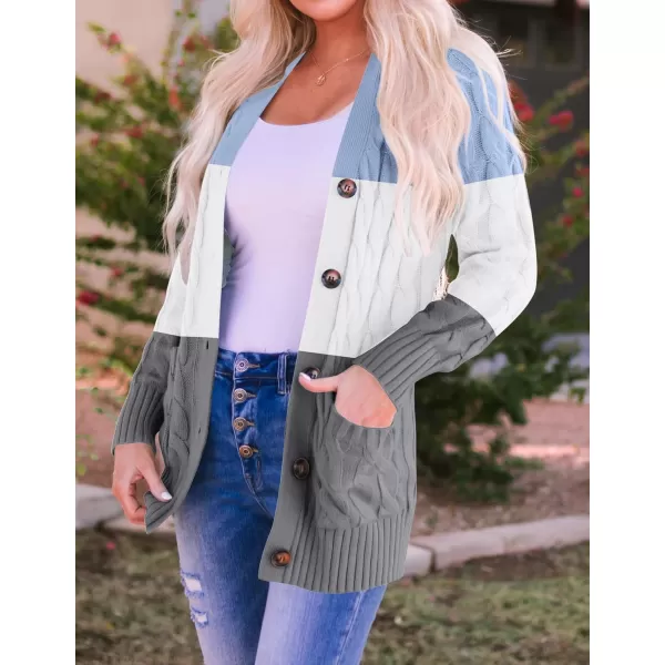 imageZESICA Womens 2023 Fall Casual Long Sleeve Button Down Open Front Cable Knit Cardigan Sweater CoatLightblue