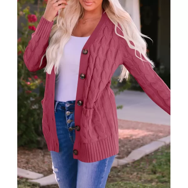 imageZESICA Womens 2023 Fall Casual Long Sleeve Button Down Open Front Cable Knit Cardigan Sweater CoatMaroon