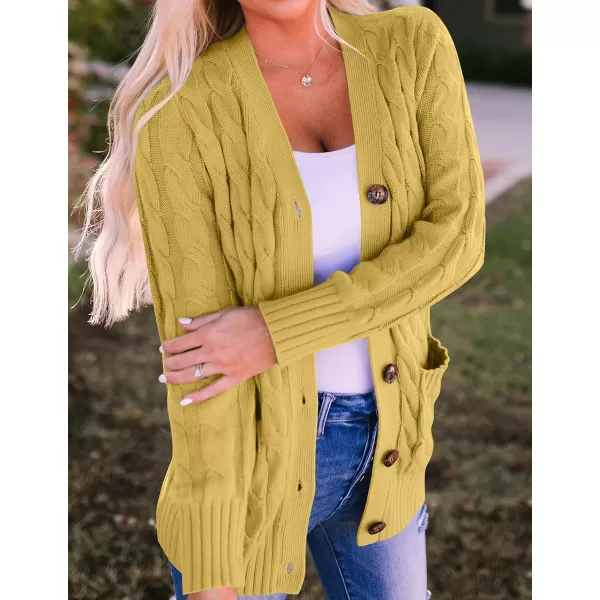 imageZESICA Womens 2023 Fall Casual Long Sleeve Button Down Open Front Cable Knit Cardigan Sweater CoatMustard