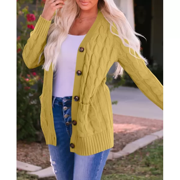 imageZESICA Womens 2023 Fall Casual Long Sleeve Button Down Open Front Cable Knit Cardigan Sweater CoatMustard