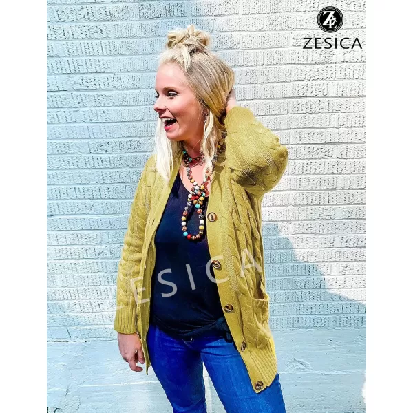 imageZESICA Womens 2023 Fall Casual Long Sleeve Button Down Open Front Cable Knit Cardigan Sweater CoatMustard