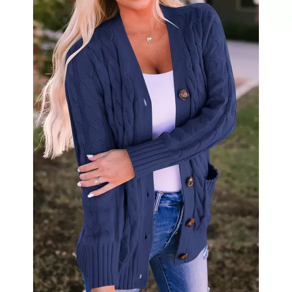 imageZESICA Womens 2023 Fall Casual Long Sleeve Button Down Open Front Cable Knit Cardigan Sweater CoatNavy