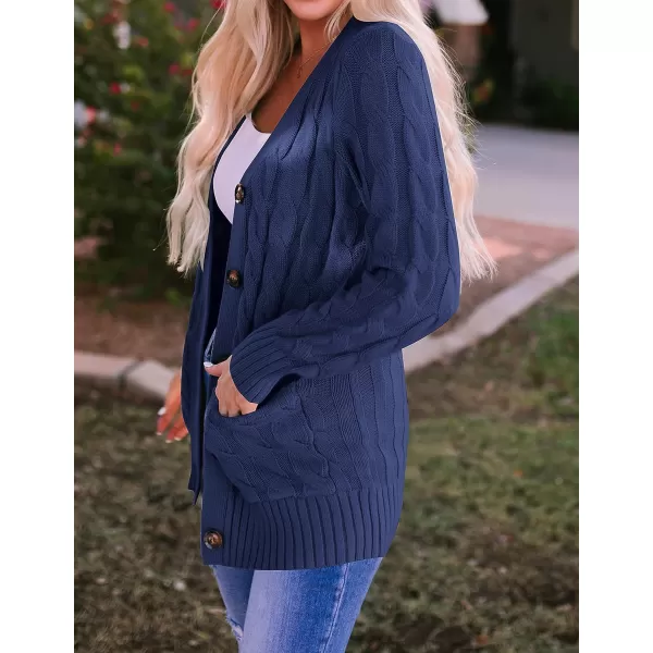 imageZESICA Womens 2023 Fall Casual Long Sleeve Button Down Open Front Cable Knit Cardigan Sweater CoatNavy