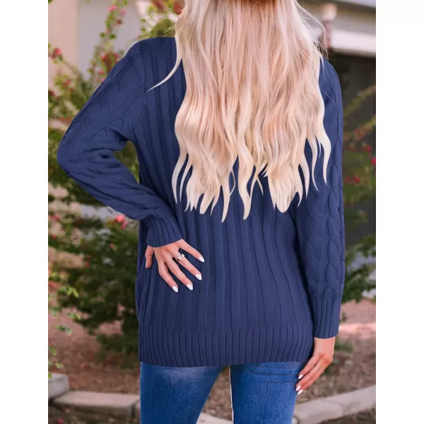 imageZESICA Womens 2023 Fall Casual Long Sleeve Button Down Open Front Cable Knit Cardigan Sweater CoatNavy
