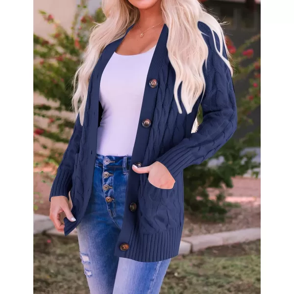 imageZESICA Womens 2023 Fall Casual Long Sleeve Button Down Open Front Cable Knit Cardigan Sweater CoatNavy