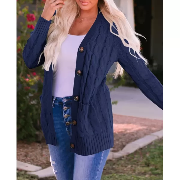 imageZESICA Womens 2023 Fall Casual Long Sleeve Button Down Open Front Cable Knit Cardigan Sweater CoatNavy