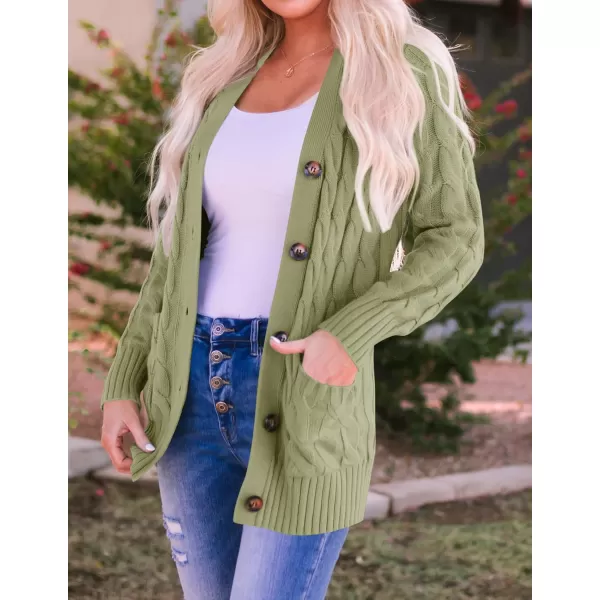 imageZESICA Womens 2023 Fall Casual Long Sleeve Button Down Open Front Cable Knit Cardigan Sweater CoatOlive