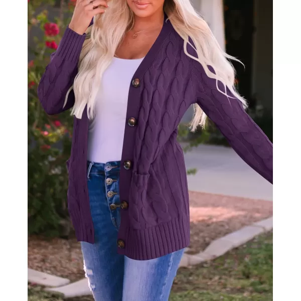 imageZESICA Womens 2023 Fall Casual Long Sleeve Button Down Open Front Cable Knit Cardigan Sweater CoatPlum