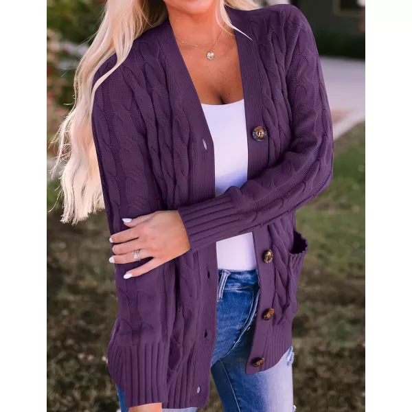 imageZESICA Womens 2023 Fall Casual Long Sleeve Button Down Open Front Cable Knit Cardigan Sweater CoatPlum