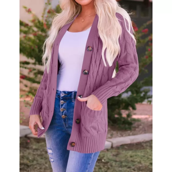 imageZESICA Womens 2023 Fall Casual Long Sleeve Button Down Open Front Cable Knit Cardigan Sweater CoatPurple