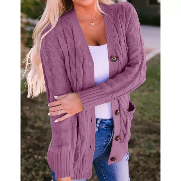 imageZESICA Womens 2023 Fall Casual Long Sleeve Button Down Open Front Cable Knit Cardigan Sweater CoatPurple